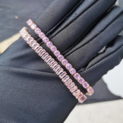 Pink Crystal Tennis Bracelets for Women Female Trend Romantic Shiny Zirconia Adjustable Folding Buckle Chain on Hand Jewelry