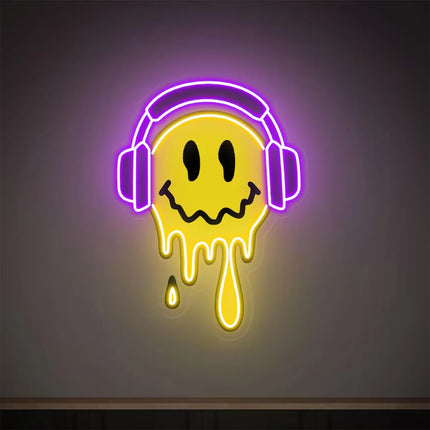 Happy Face Neon Sign Melting Happy Face With Headphone Neon UV Printing Acrylic Sign Bedroom Game Room Bar Art Wall Decor Kids G