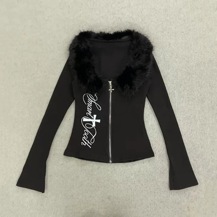 Spring new high street Harajuku style hooded sweatshirt with long sleeves and fur collar pattern printed slim fit waist jacket