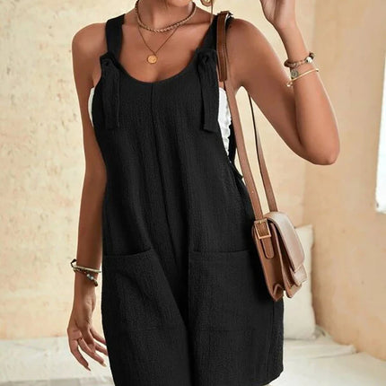 Women Summer Casual Short Rompers Elegant Solid Sleeveless Tie Knot Strap Jumpsuits Vintage Harajuku Loose Overalls with Pockets