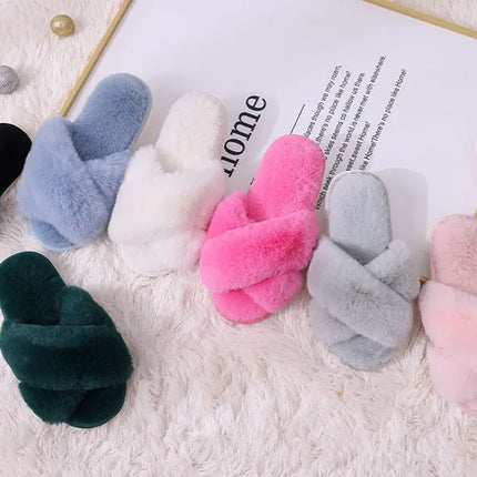 Evshine Women Fuzzy Slippers Fashion Cross Band Memory Foam House Slippers Indoor Outdoor Open Toe Plush Slides Casual Flat Shoe