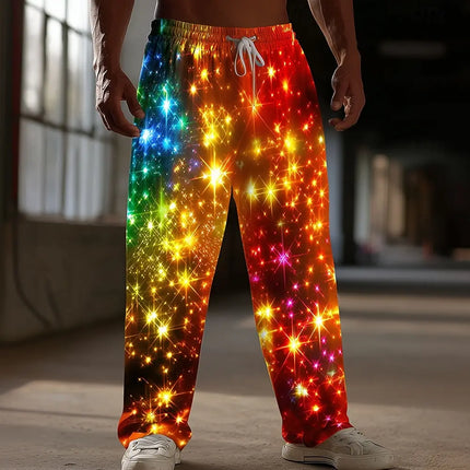 Christmas Men's Sparkling Glitter Christmas Light Pants Trousers Casual Pants Mid Waist Drawstring Casual Straight Leg Trousers