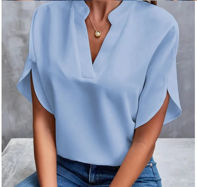 Summer Elegant Women's Blouse New V-neck Short Sleeve Solid Color Loose Shirt Casual White Tops Office Lady Blouses