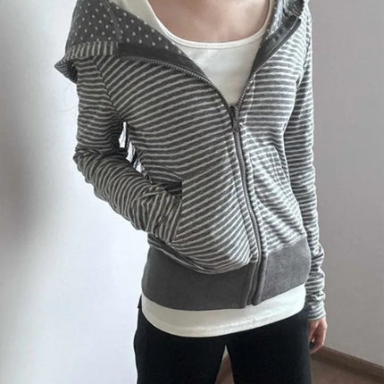 American Streetwear Striped Hooded Sweatshirt Autumn New Slim Fit Short Cardigan Fashion Casual Long Sleeve Coat Women