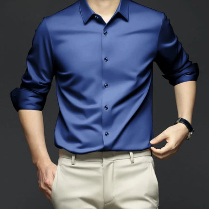 S-6XL Men's Blue Shirt Business Leisure Social Fashion High Quality Ice Silk Shirt Casual Work Top