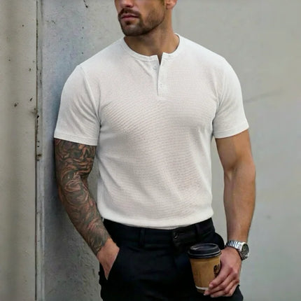 Men's Henley Collar Polo Shirt, Short Sleeve T-Shirt, Summer Casual Button-Down Placket Street Style Base Layer, S-3XL.