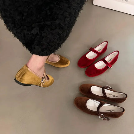 Vintage Flat Velvet Korean Style Mary's Single Shoes Women's 2024 New Spring Autumn Winter Red Warm Evening Shoes