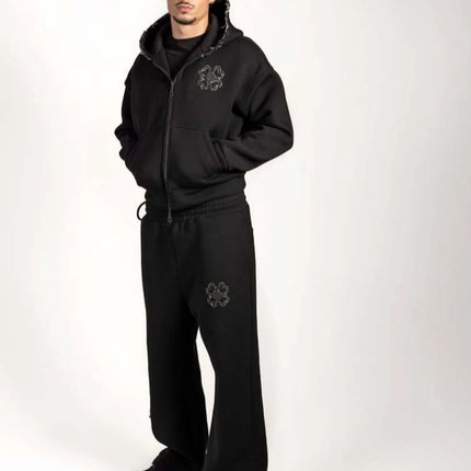 New 2026 Fashion Olive Green Embroidered Zipper Hoodie & Pants Set, Men's Street Style Fashion Loose Casual 2-Piece Sportswear