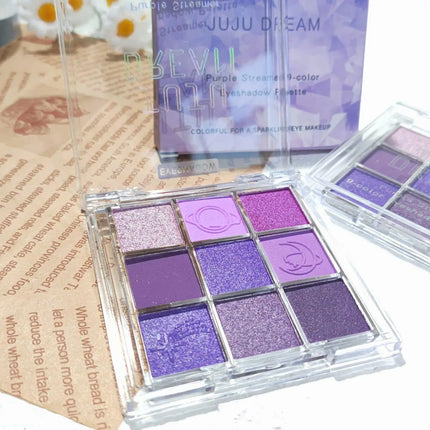 JUJU Purple Fringe 9 color eyeshadow tray - mixed berry and purple tones, matte shimmer - smoky, natural and charming