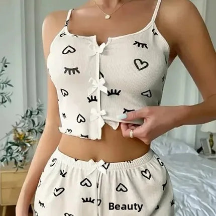 New Hot Sale Of The Season Heart Pattern Color Block Sleepwear Set with Slit in Front Strap Women's Vest Tops Non-Stitched Exte