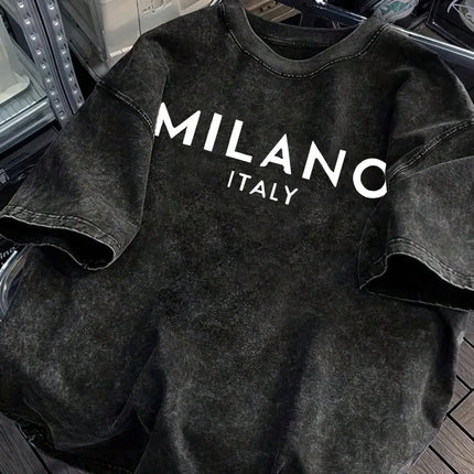 Milano Italy Printed Retro Tee Top Men's Summer Breathable Cotton T-Shirts Soft Fashion Washed Tee Unisex Casual Clothing