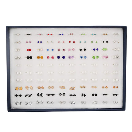 New Arrival 100Pair Mixed Size Color Cubic Zircon Stud Earrings Set Shine Crystal Ear Studs for Men&Women Punk Party Jewelry