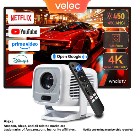 Velec Projector TP300 NTV Android 4K & 1080P Support Auto-Focus WiFi 6 & BT5.2 Portable Outdoor For Home Theater Projector