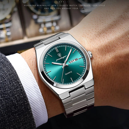 POEDAGAR Luxury Men's Watches Waterproof Luminous Date Week Men Watch Stainless Steel Casual Fashion Quartz Man Wristwatch Reloj