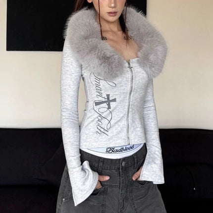 Spring new high street Harajuku style hooded sweatshirt with long sleeves and fur collar pattern printed slim fit waist jacket