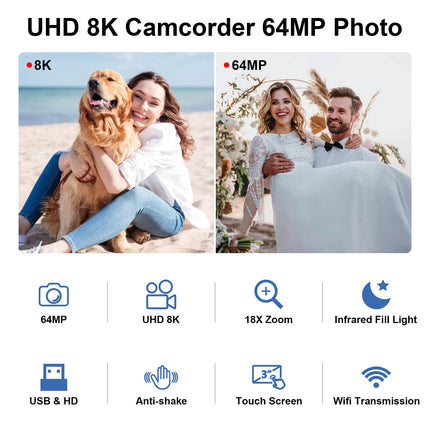 64MP 8K Video Camera Digital Recorder 18X Infrared Night Vision Camcorder 3.0 inch Rotate Touch Screen WIFI Livestreaming Webcam