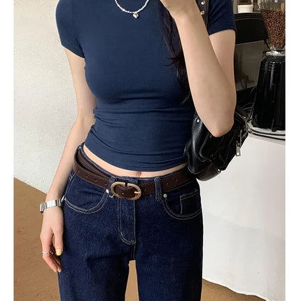 Basic Solid Crop Top Short Sleeve Crewneck Skinny T-shirt Summer Casual Tee for Women y2k Vintage Top Harajuku Streetwear