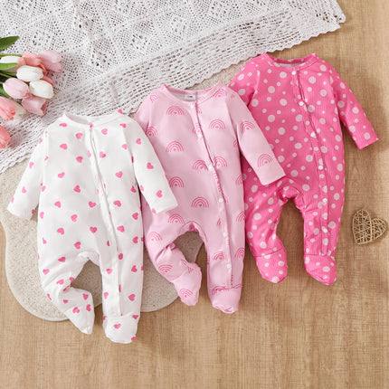 Infant Girls' Four-Season Lightweight Sweet Style Baby Comfortable Round Neck Long-Sleeve Footed Geometric Pattern Three-Piece S