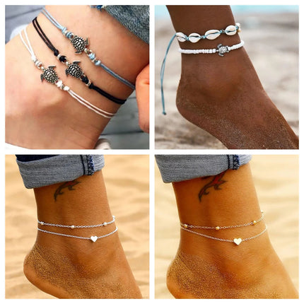 Love Personality Double Simple Bohemian Layered Heart Anklet Summer Beach Anklets On Foot Ankle Bracelets For Women Leg Chain