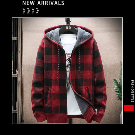 2023 Autumn/winter Fleece-lined Trendy Color Block Versatile Hooded Men's Cardigan Youth Outerwear Knitted Top For Men