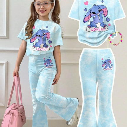 Kids Girls Stitch Cartoon Print 2Pcs Outfit Short Sleeve Floral T-Shirt + Blue Flare Pants Soft Casual Daily Wear Children Set