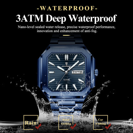 POEDAGAR Top Luxury Brand Men's Watch Waterproof Luminous Date Week Quartz Men's Watches Stainless Steel Fashion Square Men's Watch