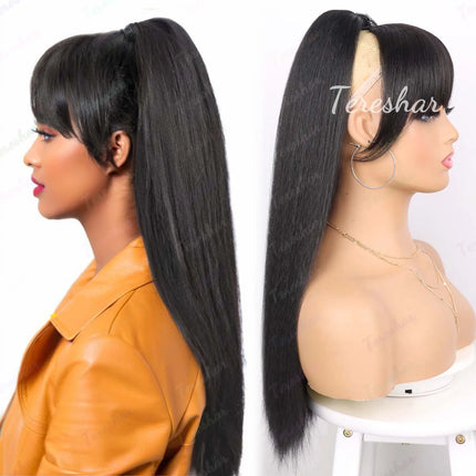 Synthetic Ponytail Extension with Bangs for Black Women Yaki Straight Drawstring Ponytail Hairpieces Clip in Ponytail Extension