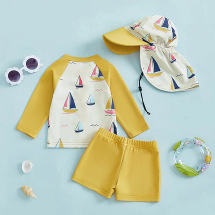 0-6Y Boys Rash Guard Swimsuit Set Sailboat Print Long Sleeve Zipper Tops with Shorts and Swim Hat 3Pcs Outfits