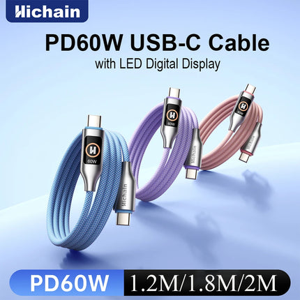 PD60W USB C Cable With Light Display Nylon Braided Type C Fast Charging Cable 480Mbps Data Transfer For iphone  For xiaomi