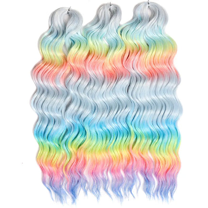 FASHION IDOL 24" 3pcs Deep Wave Curl Hair Synthetic Water Wave Braiding Hair Extensions Ombre Rainbow color Twist Crochet Hair