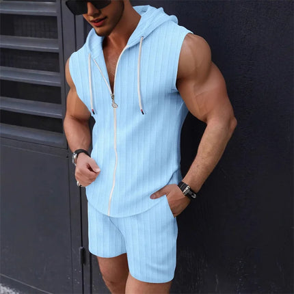 5 colors available for men's hooded sleeveless zipper plaid suit Slim fashion casual sports vest shorts two-piece set trendy top