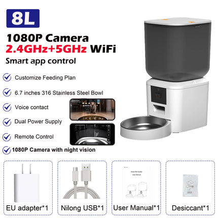 Furpipi 8L Smart Automatic Cat Feeder with 1080P HD Camera 5G WiFi Pet Feeder Tuya App Control Smart Dog Cat Kibble Dispenser
