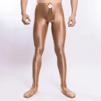 Men Sexy Bodystockings Long Leg Leggings U Convex Elephant Trunk JJ Bodysuit Oil Glossy Shiny Elastic Bodybuilding Jumpsuit Porn