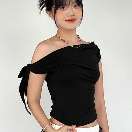 2024 Women's Summer Ins Style New Shrink Pleated One-Shoulder Crop Top Backless Twist Tie Asymmetric T-Shirt Casual Top