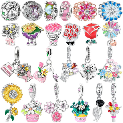 925 Silver Flowers Bouquet Rose Sunflower Blossom Petal Charms Beads Pendant Bracelet Necklace DIY Valentine's Day Gift Jewelry