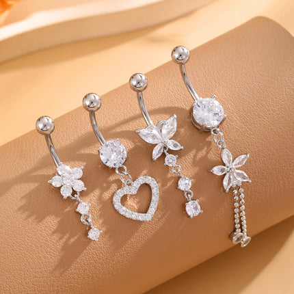 3-5pcs Mixed-Style Sets Heart Flower Dangle Belly Button Rings Stainless Steel Butterfly Curved Zircon Belly Piercing Navel Ring