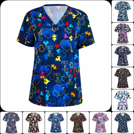 Womens T-Shirts Medical Nursing Uniform Clinical Uniform Woman V-Neck Short Sleeve T Shirt Tops With Pocket Women's Clothing