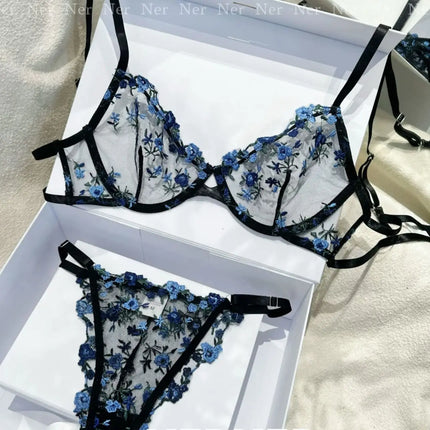 YUQI French Elegant Lingerie Set-Floral Embroidery Semi-Transparent Bra & Brief,Black Sensual Women's Underwear Luxury Intimates