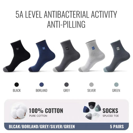 MiiOW 100% Pure Cotton Socks Men Business Dress Sock Anti Odor Crew Socks Antibacterial Breathable Sports Long Sock Black White