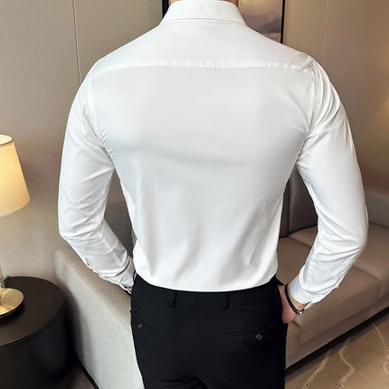Seamless silk business casual shirt, long sleeved white non ironing elastic silk sliding cross shirt, men's formal wear