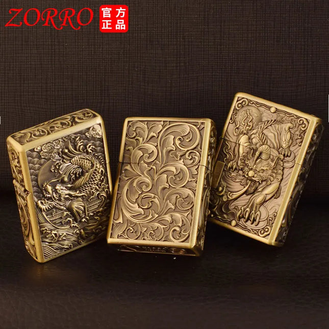 ZORRO zk series kerosine lighter, pure copper, various retro relief patterns, old-fashioned grinding wheel windproof lighter