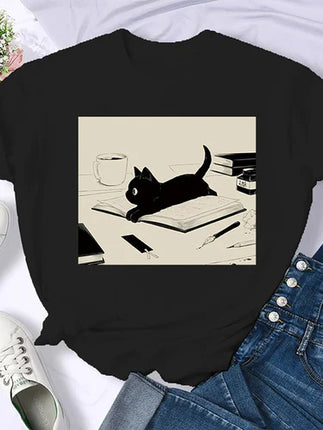 Coffee Books Brown books American retro T-shirt woman round neck half sleeve T-shirt printed T-shirt top woman oversized