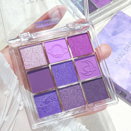 JUJU Purple Fringe 9 color eyeshadow tray - mixed berry and purple tones, matte shimmer - smoky, natural and charming