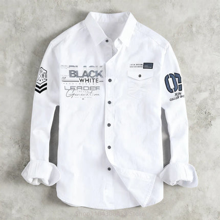 2026 Men's simple retro 10-color letter printed shirt long-sleeved lapel flap pocket business casual holiday party outdoor top‘s