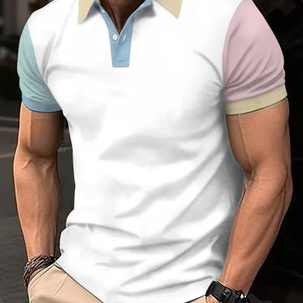 Rainbow Men's Summer Short Sleeve Polo Shirts Classic Striped Print Sporty Tops Fashionable Lapel Button-Up Men's Polo Shirts