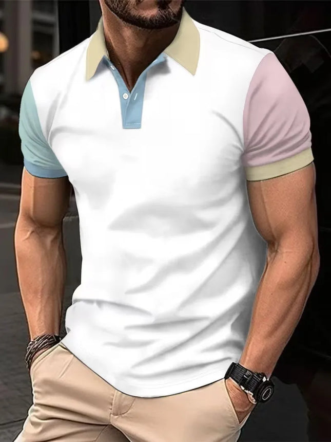 Rainbow Men's Summer Short Sleeve Polo Shirts Classic Striped Print Sporty Tops Fashionable Lapel Button-Up Men's Polo Shirts