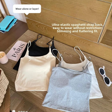 New Women's Slim Fit Tank Top Pure Color Summer Outerwear with Chest Pad Bal Base irt Sli Versatile Casual Wear