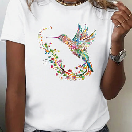 Hummingbird print short-sleeved T-shirt spring and summer casual crew neck top women's clothing women clothing