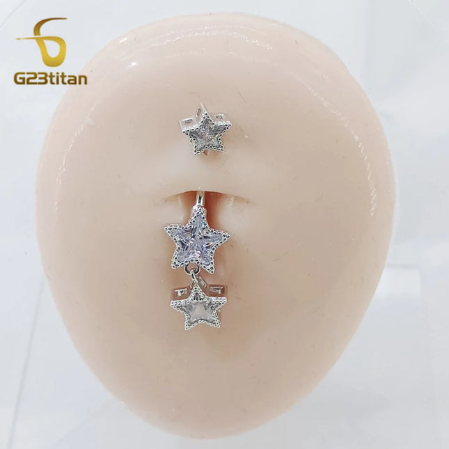 G23titan Zircon Stars Dangle Belly Button Ring 14G 8-16mm Titanium Bar Hypoallergenic Navel Piercings Women Sexy Jewelry Ombligo