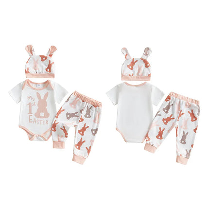 0-18months Baby Girl Boy Easter Outfit Bunny Print Short Sleeve Romper Long Pants Hat with Rabbit Ears 3 Pcs Set